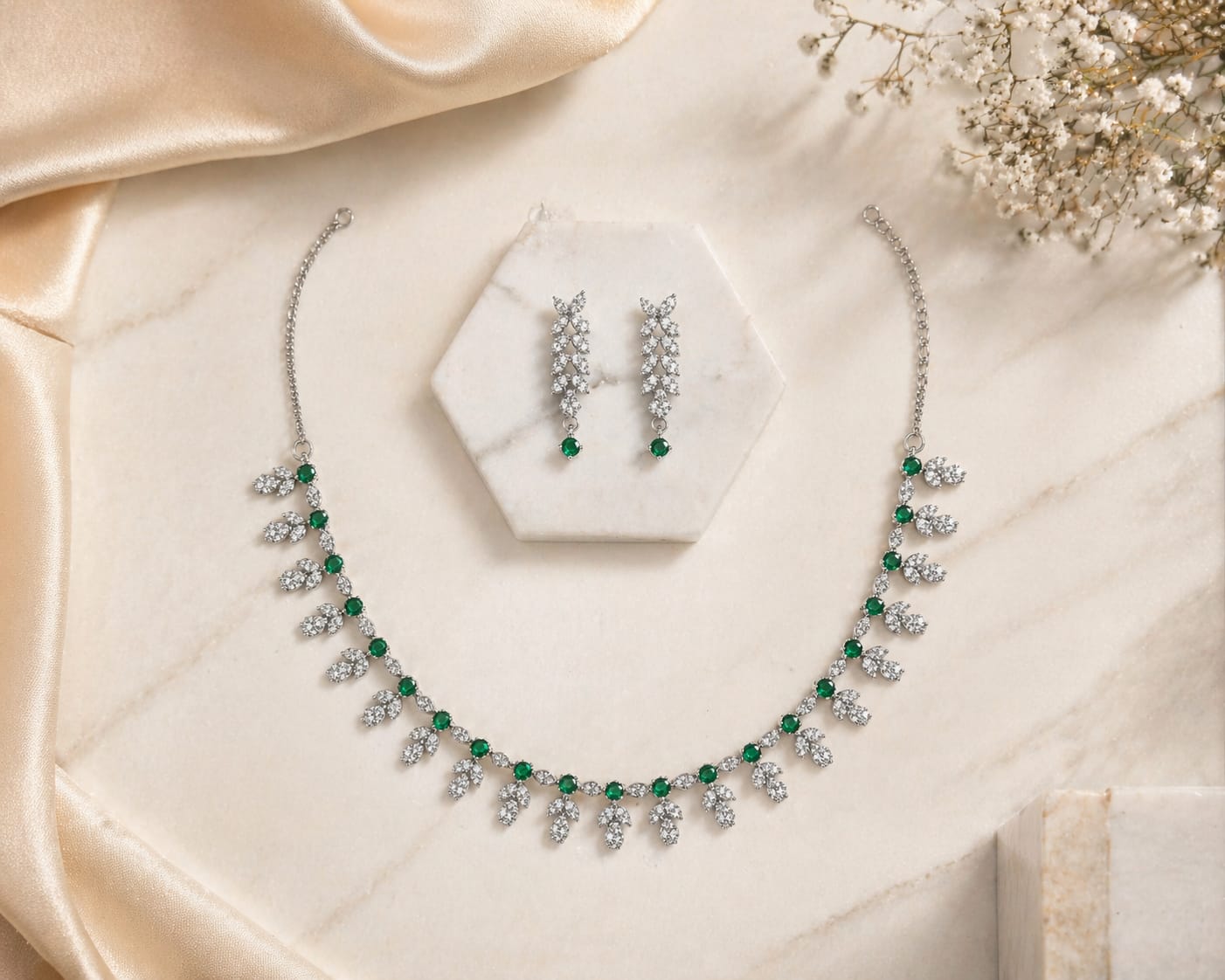 Emerald Green Stone Diamond Look Necklace Set with Earrings