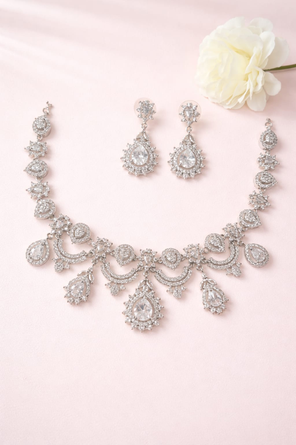 Premium Diamond Look White Stone Necklace Set with Earrings