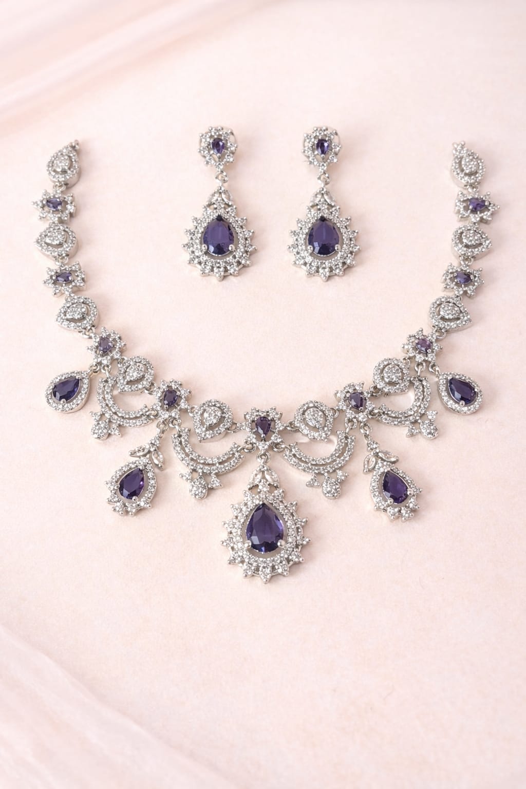 Royal Purple Stone Diamond Look Necklace Set with Earrings