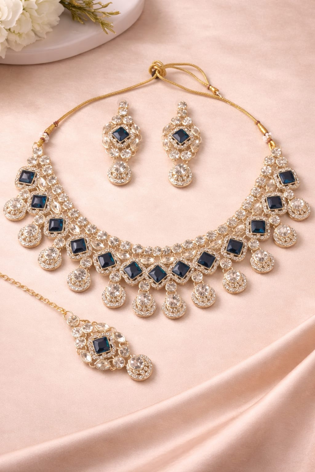 Royal Blue Kundan Diamond Look Necklace Set with Earrings & Maang Tikka