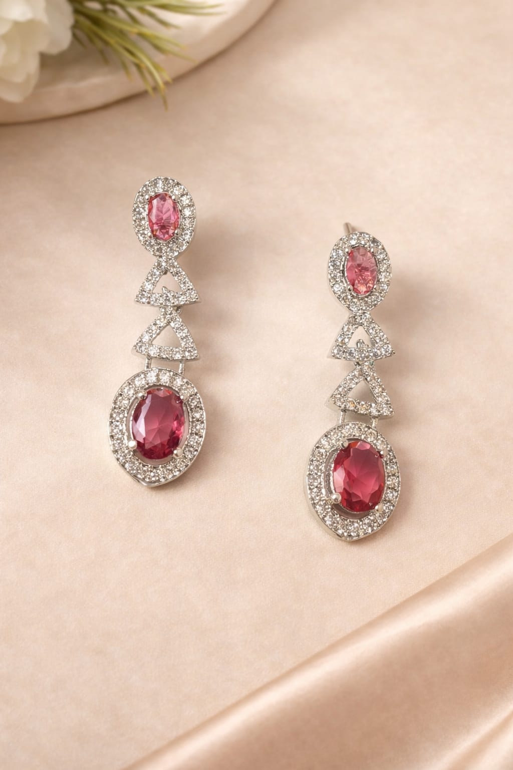 Ruby Red Stone Diamond Look Necklace Set with Earrings