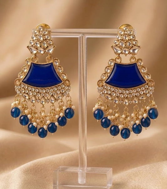 Royal Blue Kundan Jhumka Earrings with Beads