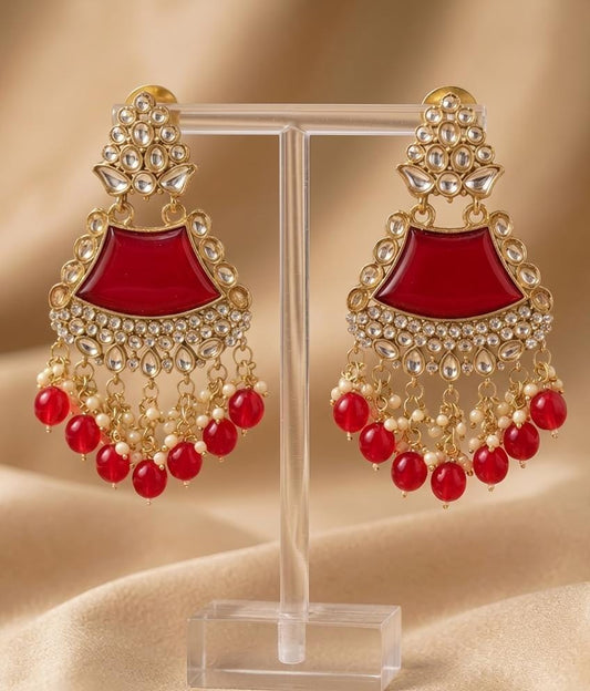Royal Red Kundan Chandbali Earrings with Pearl Drops