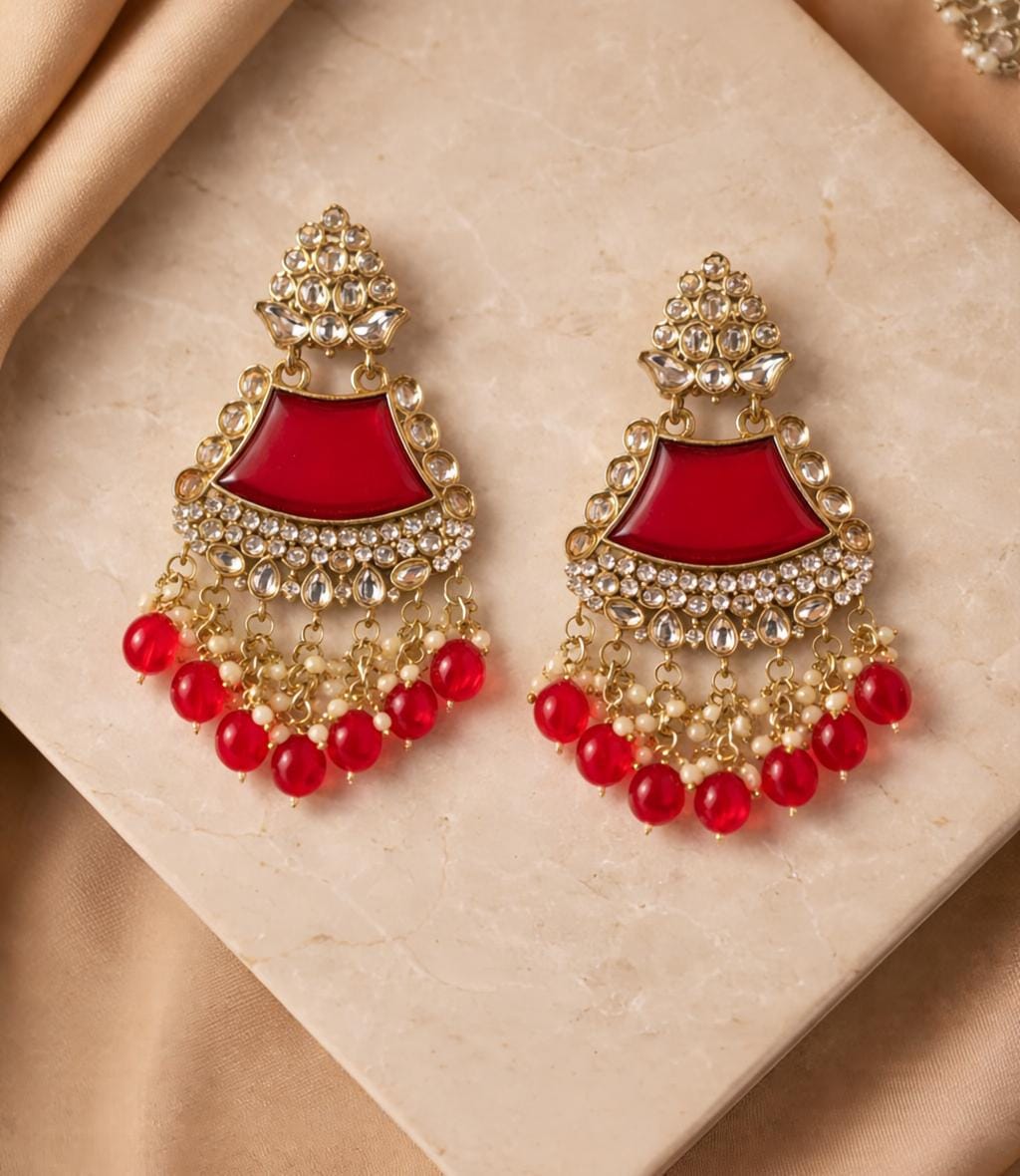 Royal Red Kundan Chandbali Earrings with Pearl Drops