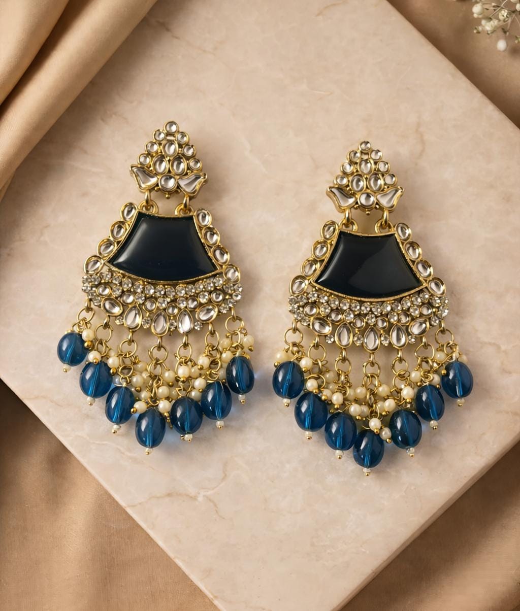 Royal Blue Kundan Jhumka Earrings with Beads