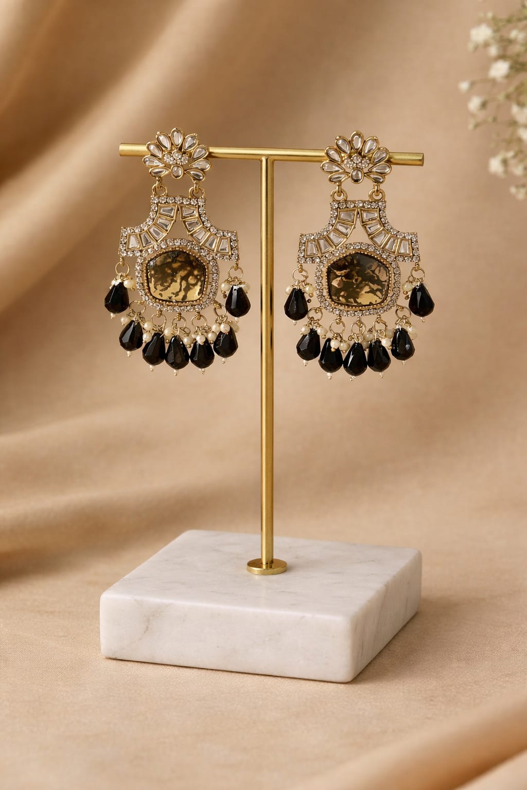 Royal Black & Gold Statement Earrings with Pearl Drops