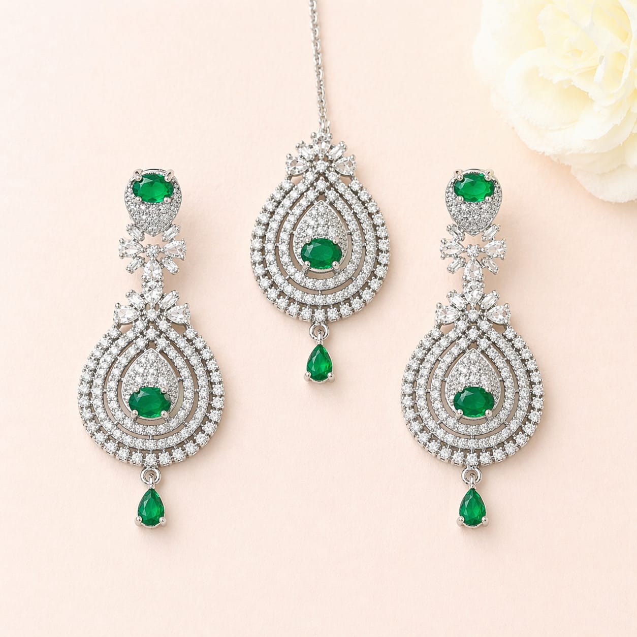 Royal Green American Diamond Bridal Necklace Set with Earrings & Maang Tikka