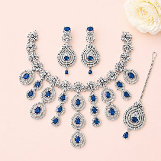Luxury Royel Blue American Diamond Bridal Necklace Set
