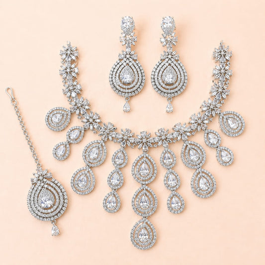 Premium American Diamond Silver Bridal Necklace Set with Earrings & Maang Tikka