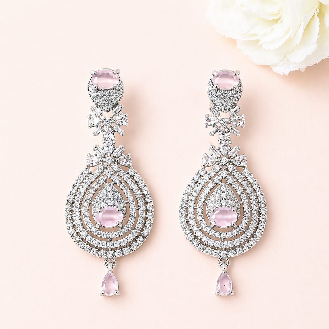 Luxury Pink Stone American Diamond Bridal Necklace Set with Earrings & Maang Tikka