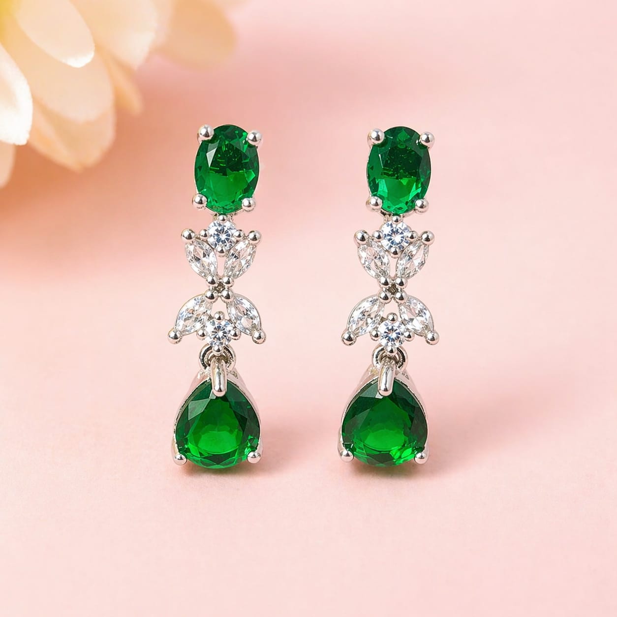 Elegant Green Stone American Diamond Necklace Set