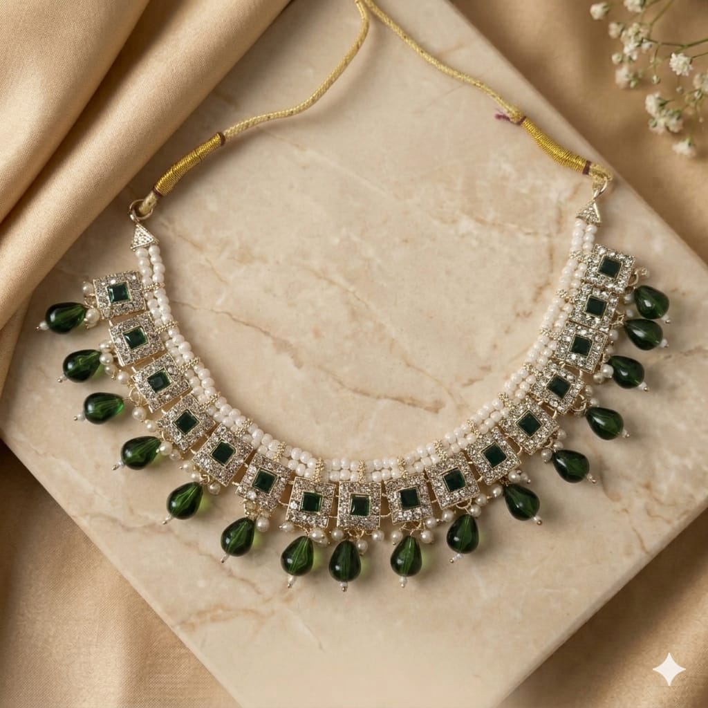 Green Kundan Necklace Set with Earrings & Maang Tikka