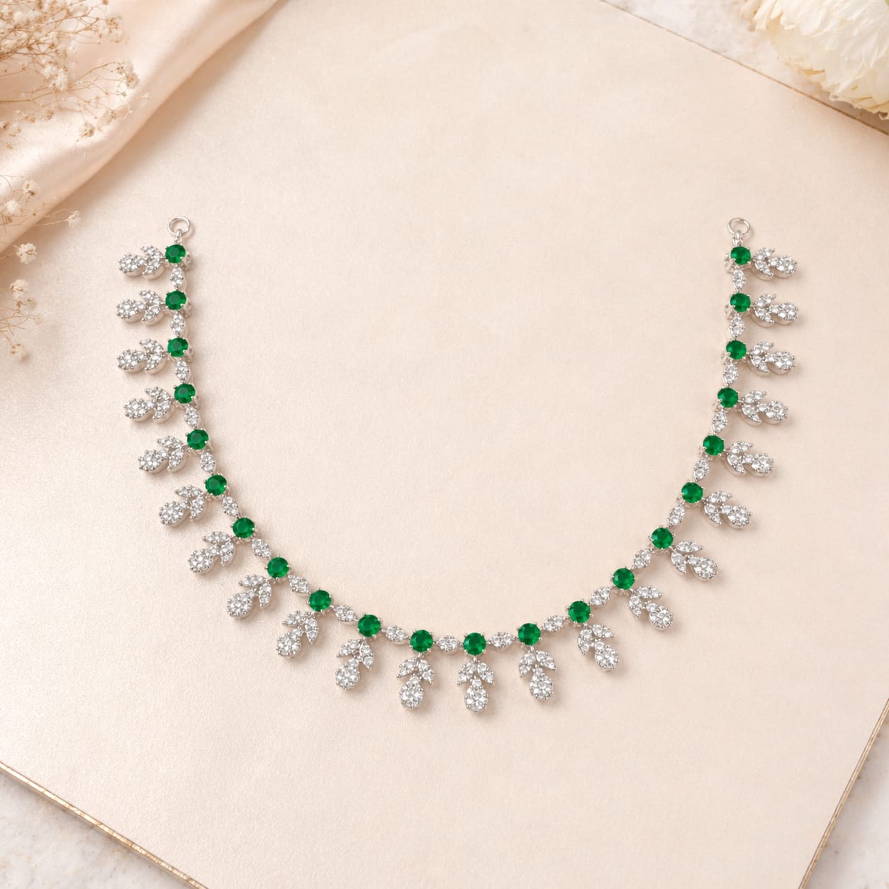 Emerald Green Stone Diamond Look Necklace Set with Earrings