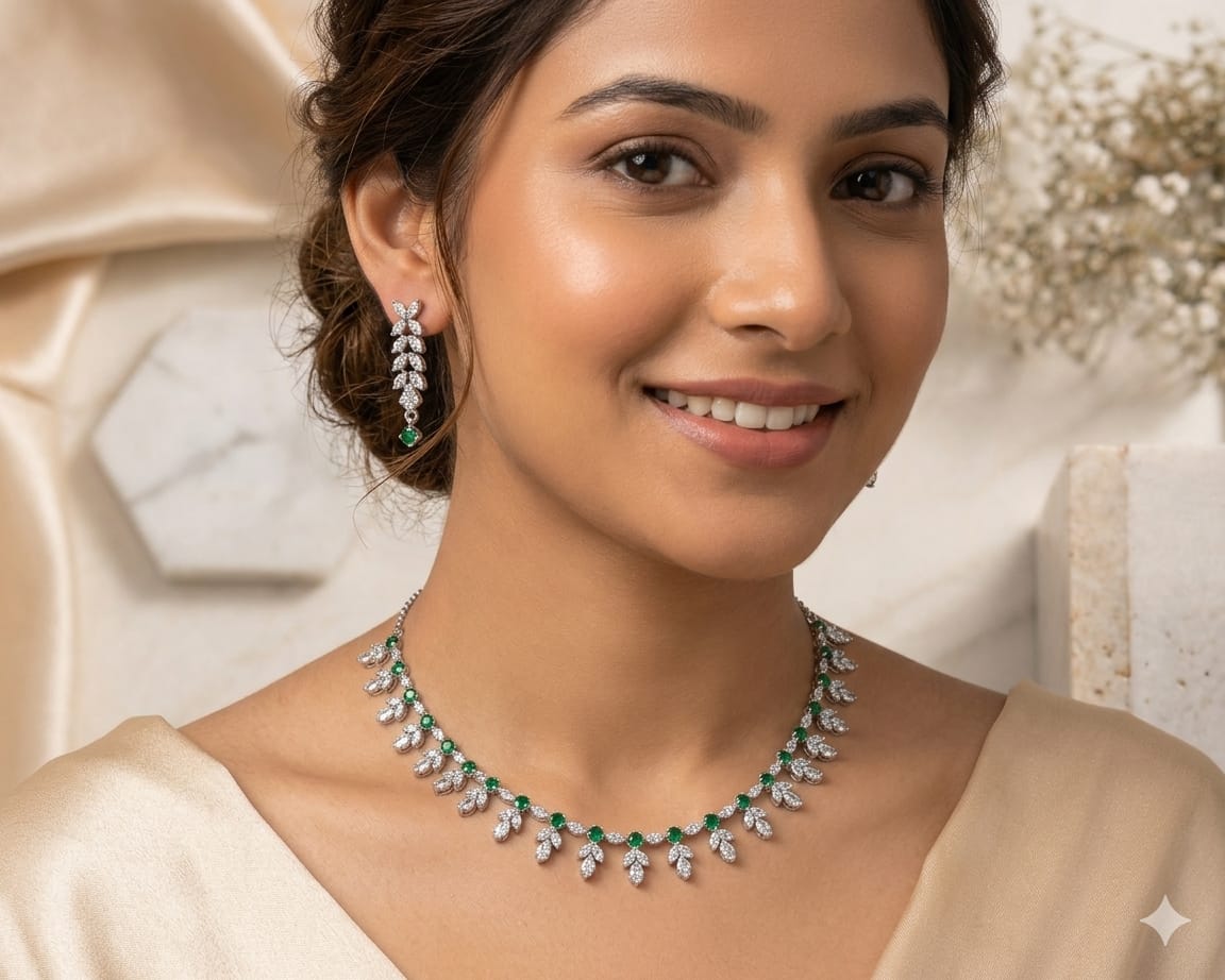 Emerald Green Stone Diamond Look Necklace Set with Earrings