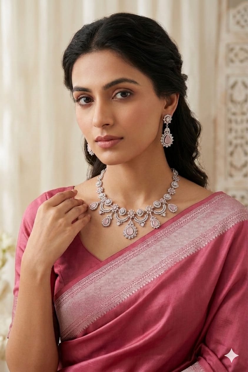 Elegant Blush Pink Stone Diamond Look Necklace Set with Earrings