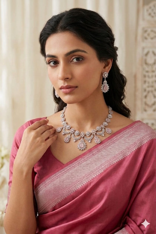 Elegant Blush Pink Stone Diamond Look Necklace Set with Earrings