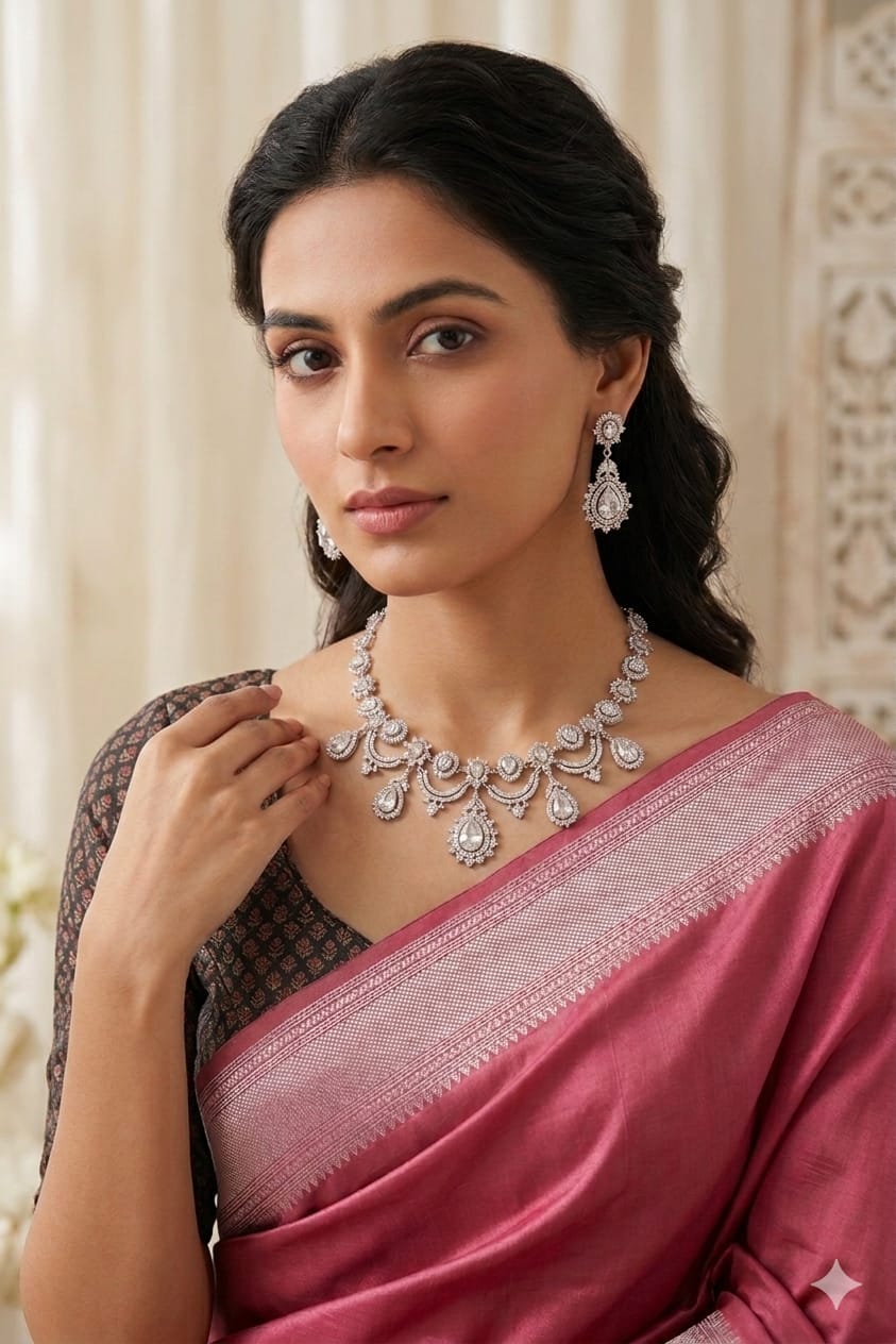 Premium Diamond Look White Stone Necklace Set with Earrings