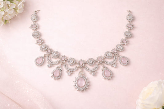 Elegant Blush Pink Stone Diamond Look Necklace Set with Earrings