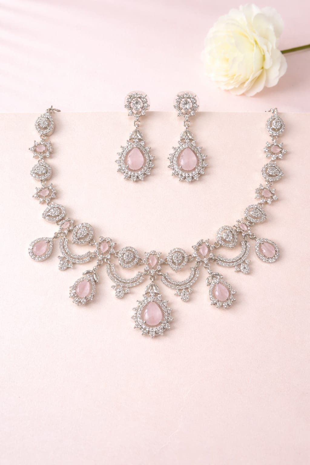 Elegant Blush Pink Stone Diamond Look Necklace Set with Earrings