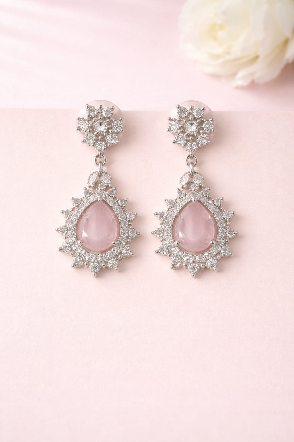 Elegant Blush Pink Stone Diamond Look Necklace Set with Earrings