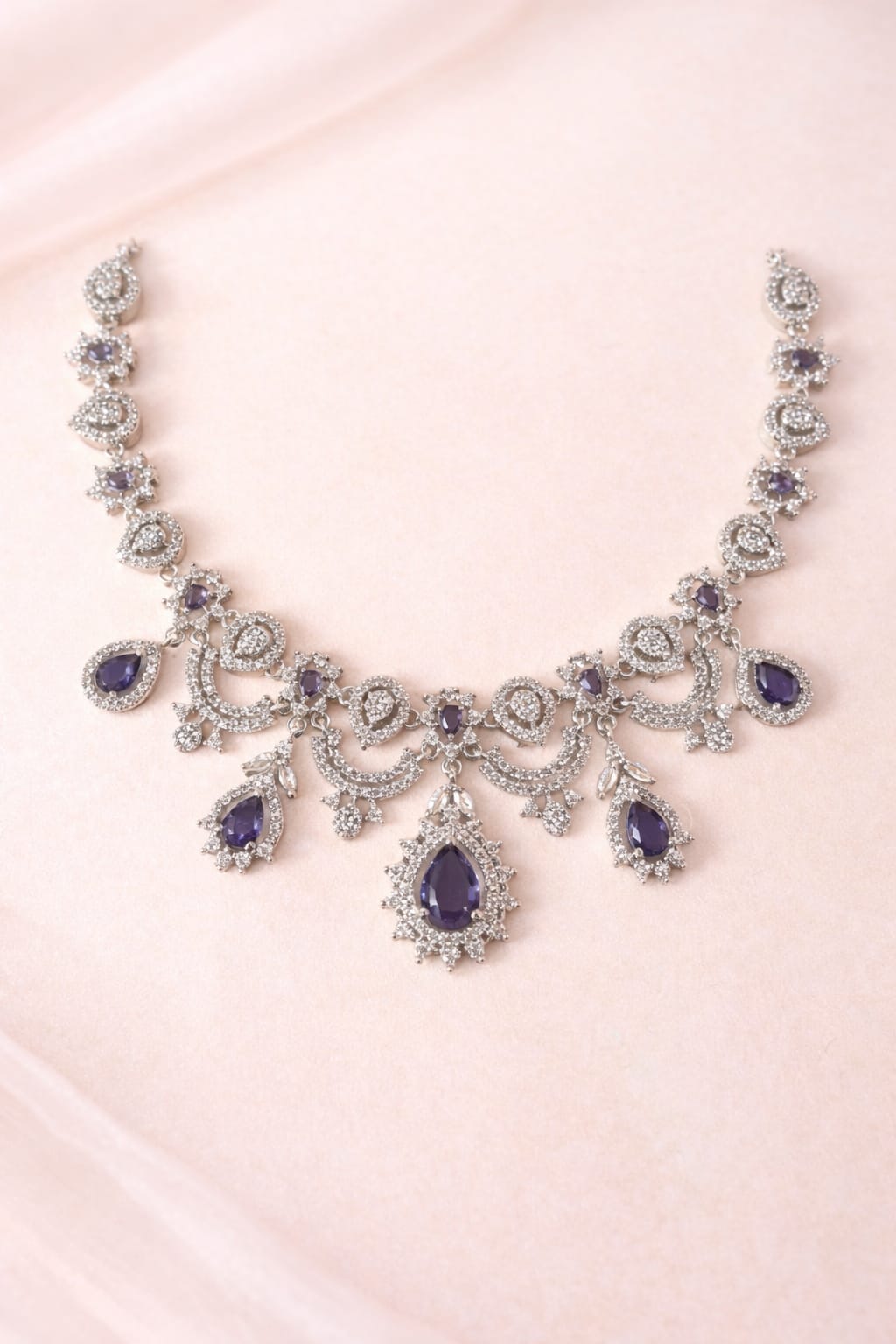 Royal Purple Stone Diamond Look Necklace Set with Earrings