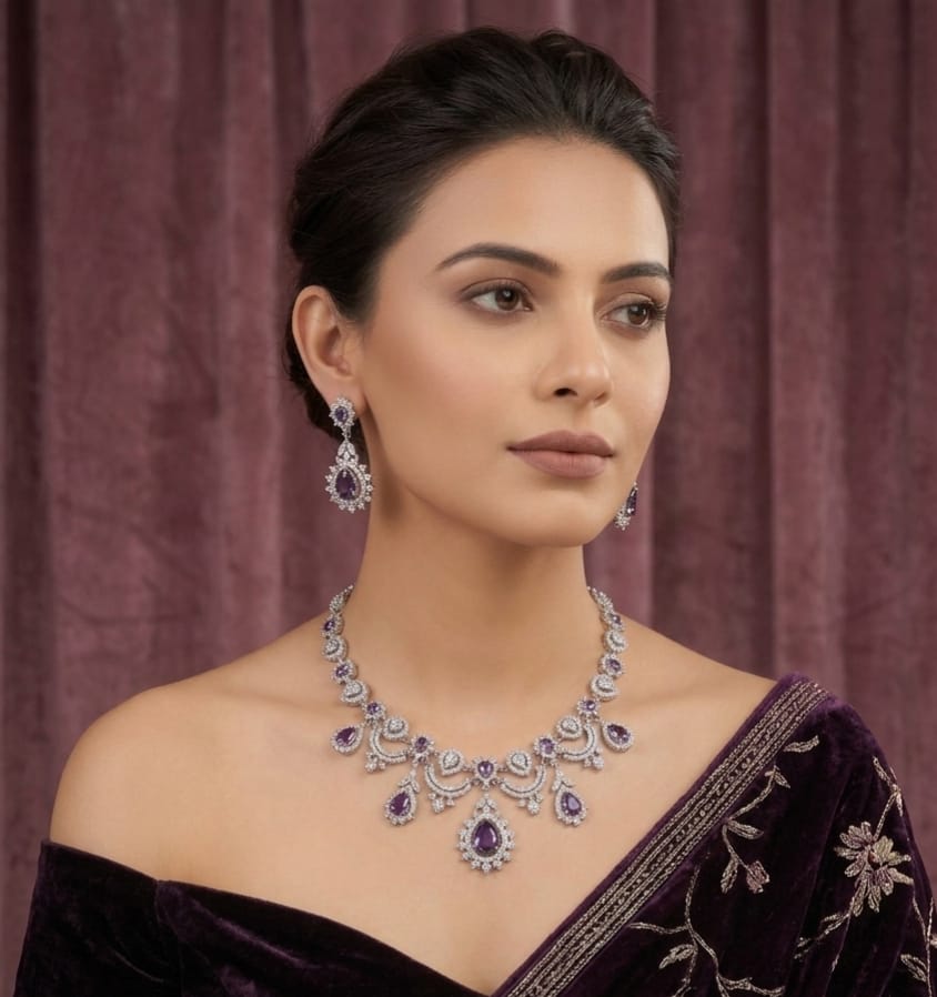 Royal Purple Stone Diamond Look Necklace Set with Earrings