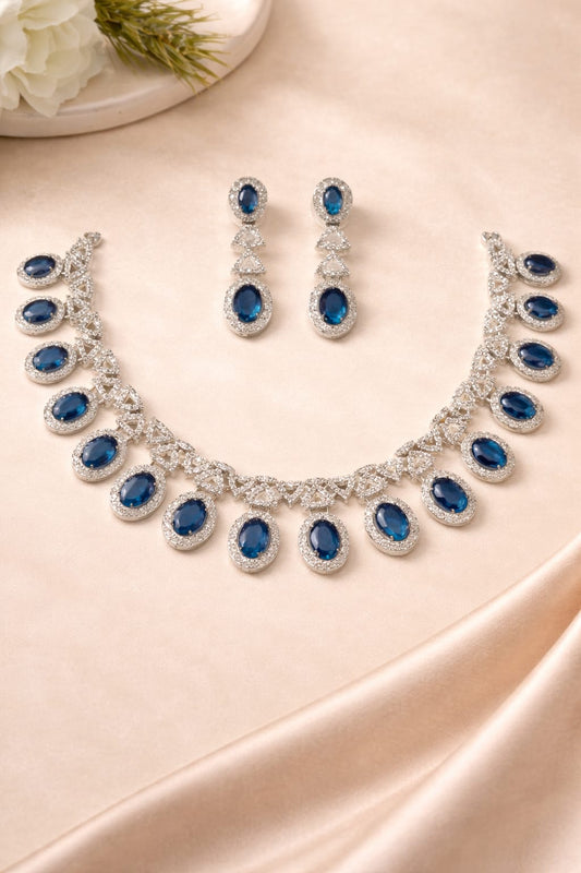 Royal Blue Stone Diamond Look Necklace Set with Earrings