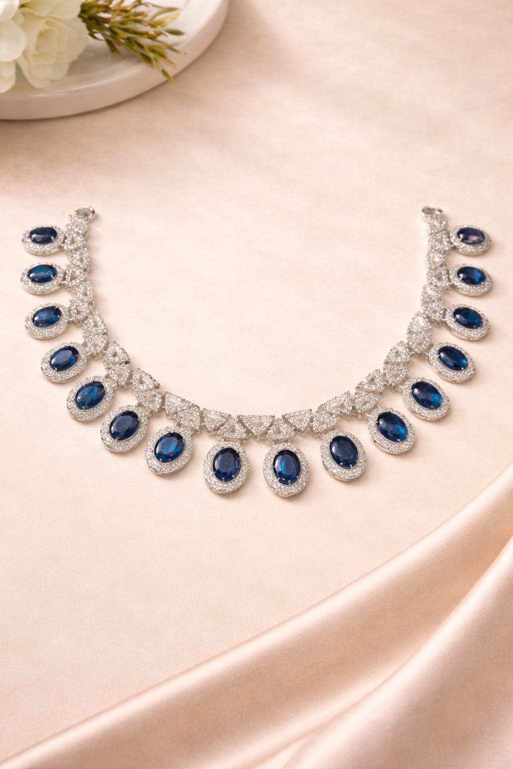 Royal Blue Stone Diamond Look Necklace Set with Earrings