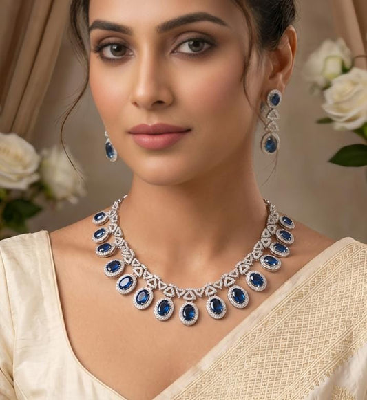 Royal Blue Stone Diamond Look Necklace Set with Earrings