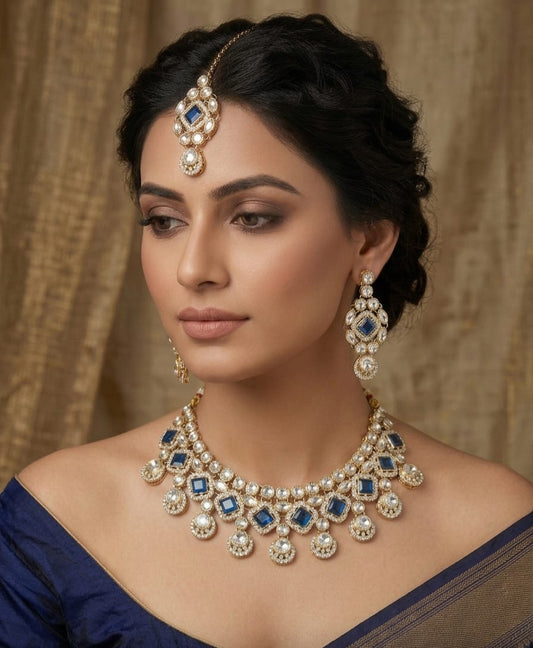 Royal Blue Kundan Diamond Look Necklace Set with Earrings & Maang Tikka