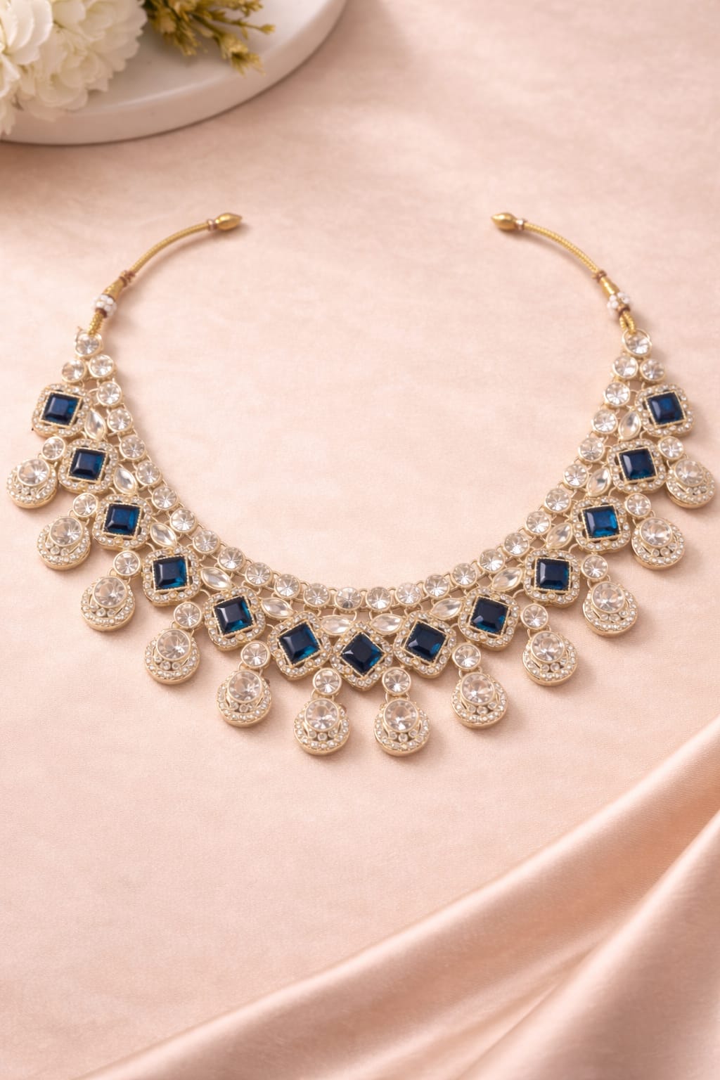 Royal Blue Kundan Diamond Look Necklace Set with Earrings & Maang Tikka