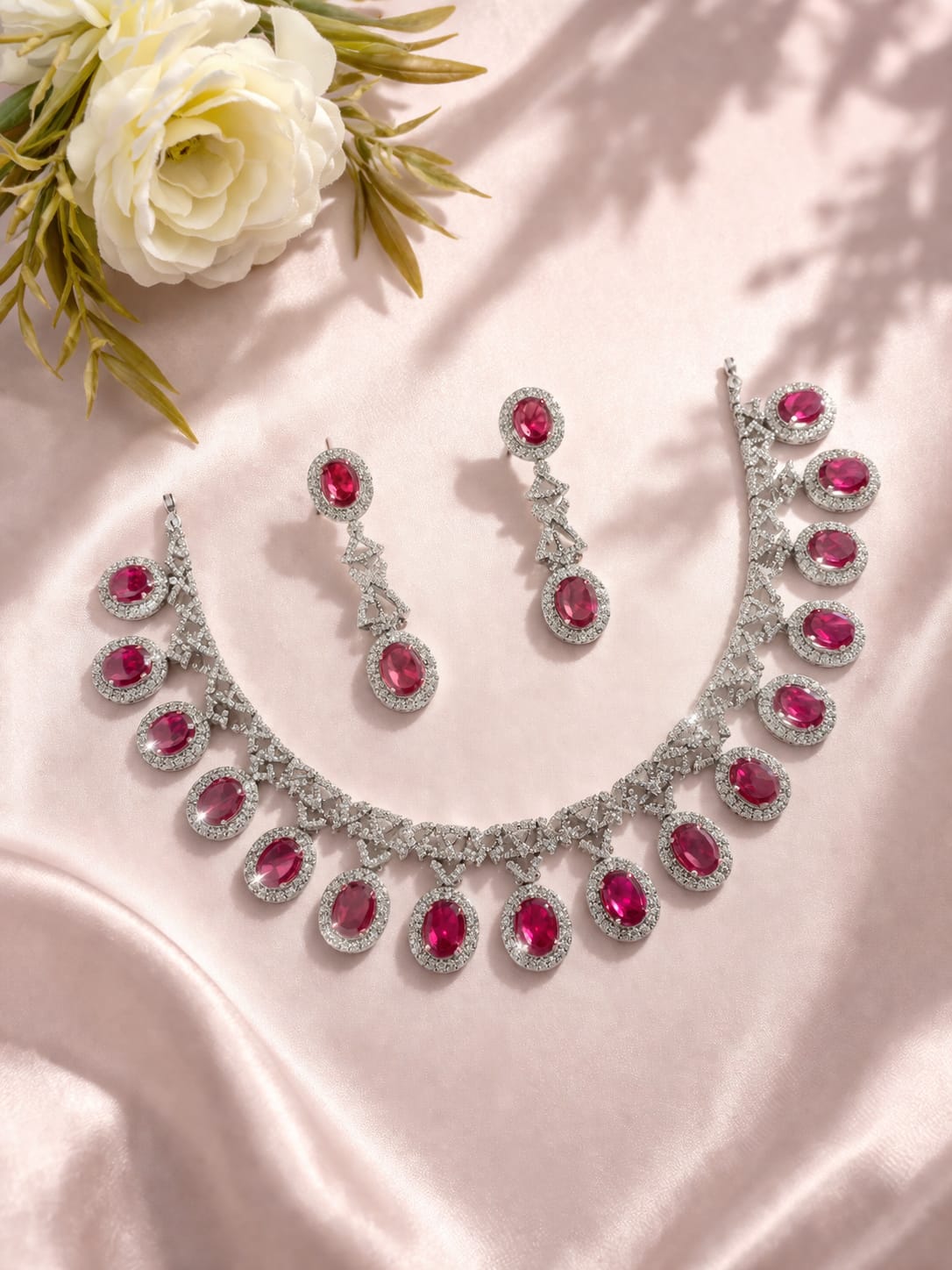 Ruby Red Stone Diamond Look Necklace Set with Earrings