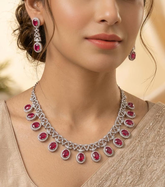 Ruby Red Stone Diamond Look Necklace Set with Earrings
