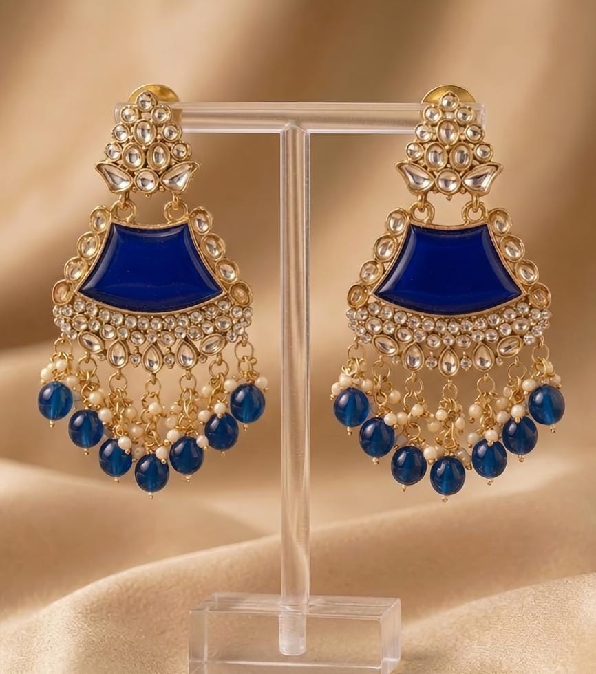 Royal Blue Kundan Jhumka Earrings with Beads