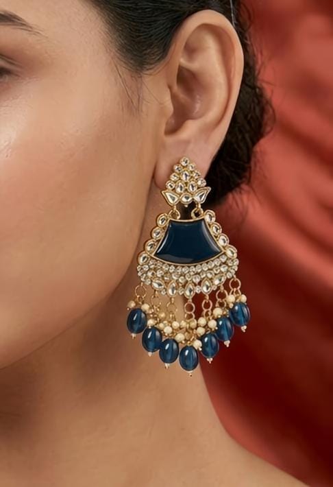 Royal Blue Kundan Jhumka Earrings with Beads