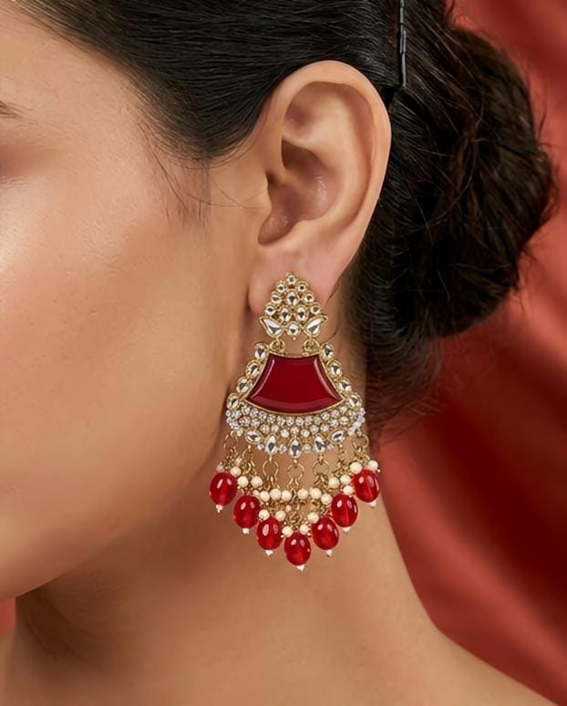 Royal Red Kundan Chandbali Earrings with Pearl Drops
