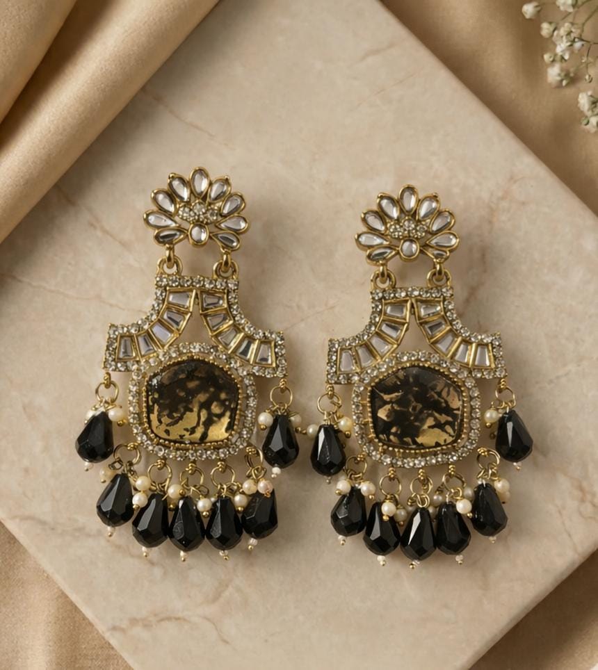 Royal Black & Gold Statement Earrings with Pearl Drops