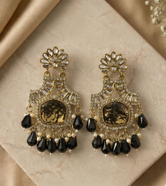 Royal Black & Gold Statement Earrings with Pearl Drops