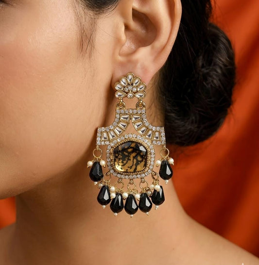 Royal Black & Gold Statement Earrings with Pearl Drops