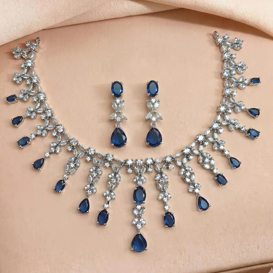 Royal Blue American Diamond Necklace Set with Earrings