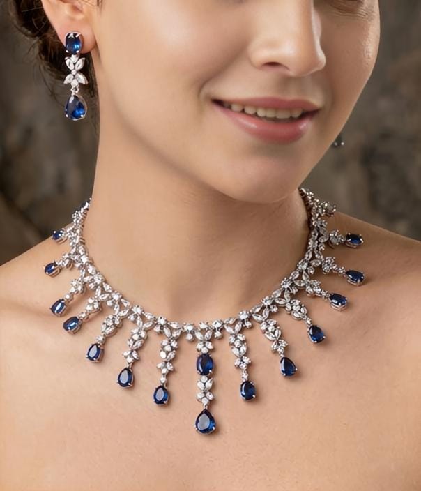 Royal Blue American Diamond Necklace Set with Earrings