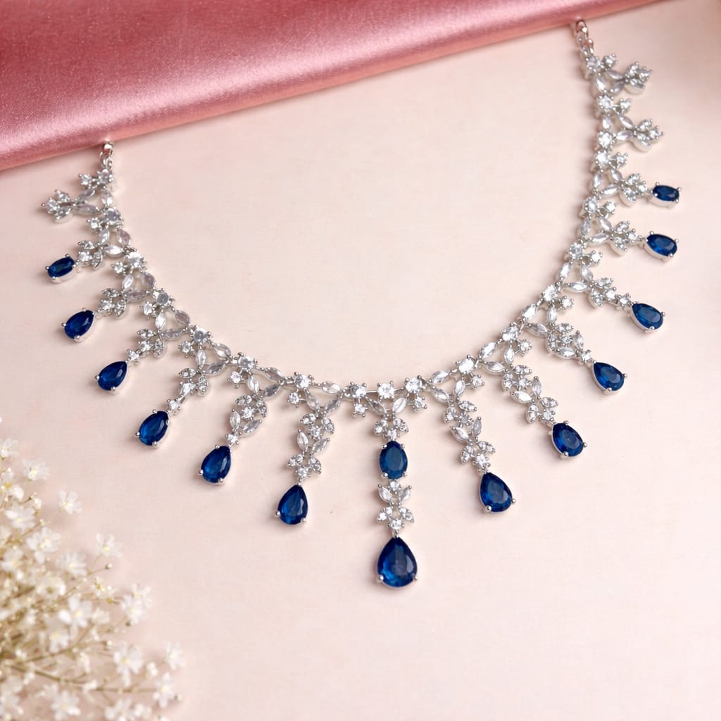 Royal Blue American Diamond Necklace Set with Earrings