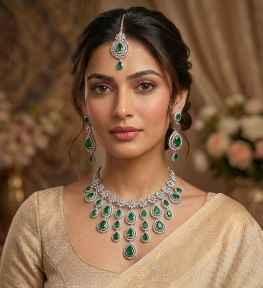 Royal Green American Diamond Bridal Necklace Set with Earrings & Maang Tikka