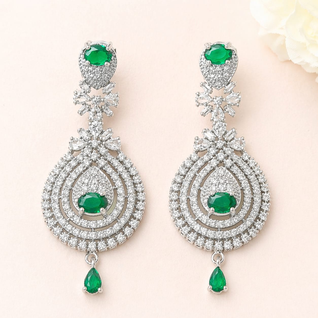 Royal Green American Diamond Bridal Necklace Set with Earrings & Maang Tikka
