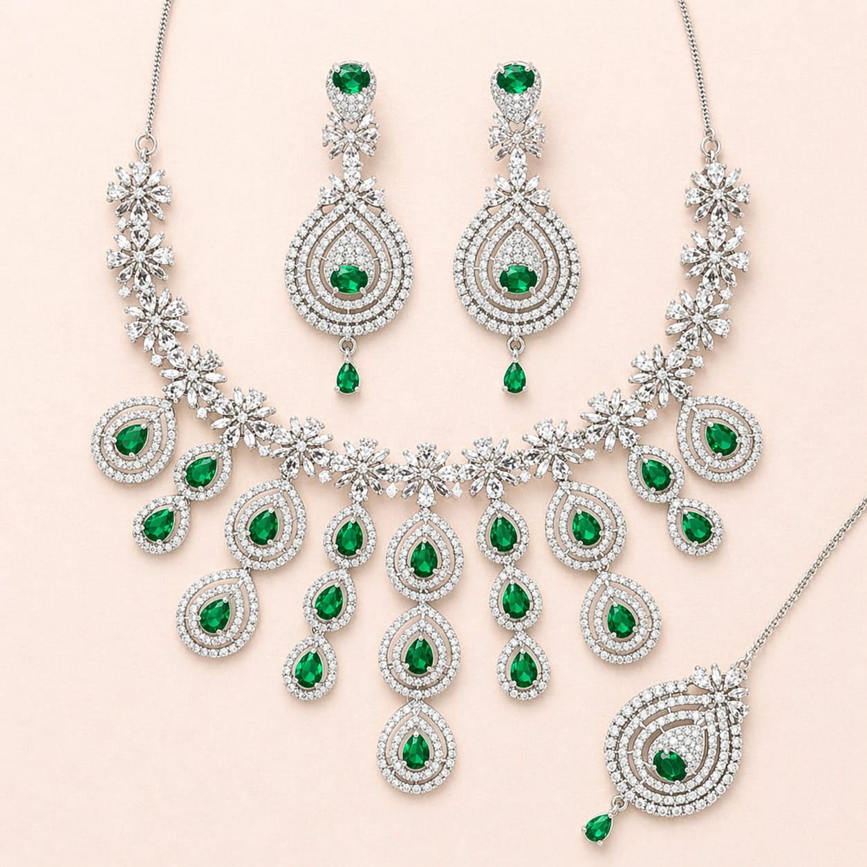 Royal Green American Diamond Bridal Necklace Set with Earrings & Maang Tikka