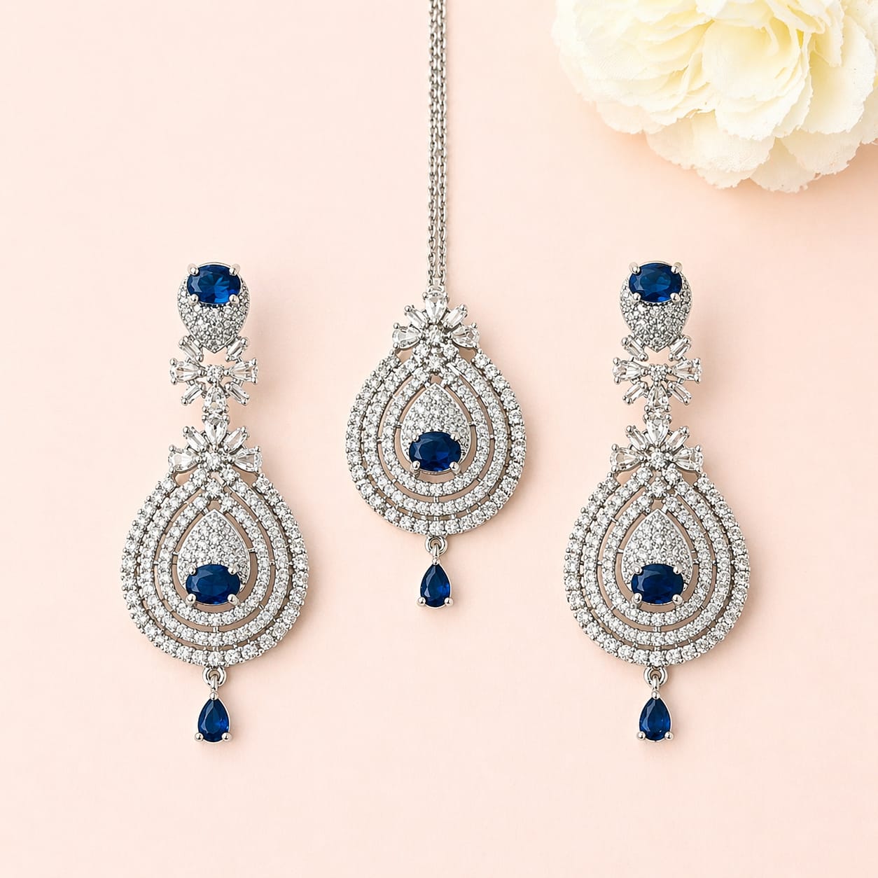 Luxury Royel Blue American Diamond Bridal Necklace Set