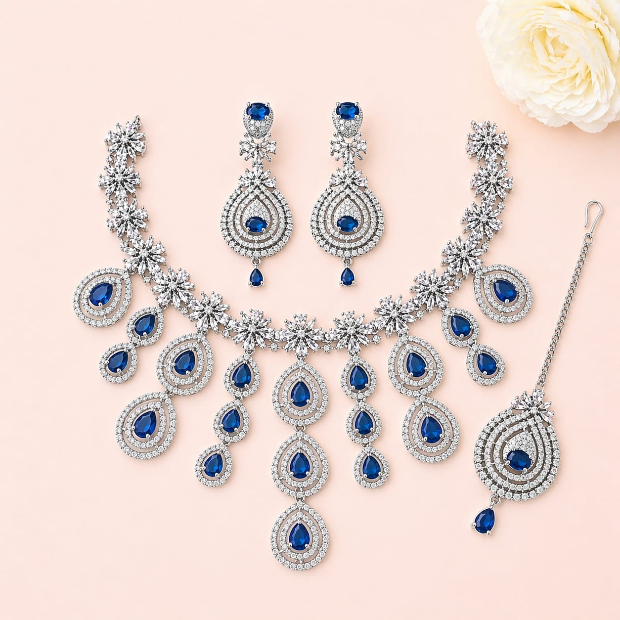 Luxury Royel Blue American Diamond Bridal Necklace Set