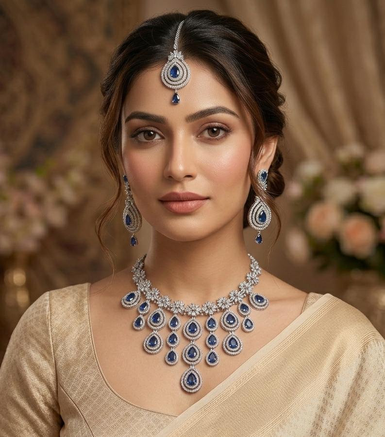 Luxury Royel Blue American Diamond Bridal Necklace Set
