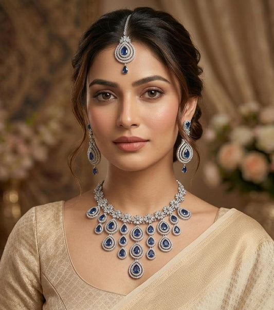 Luxury Royel Blue American Diamond Bridal Necklace Set