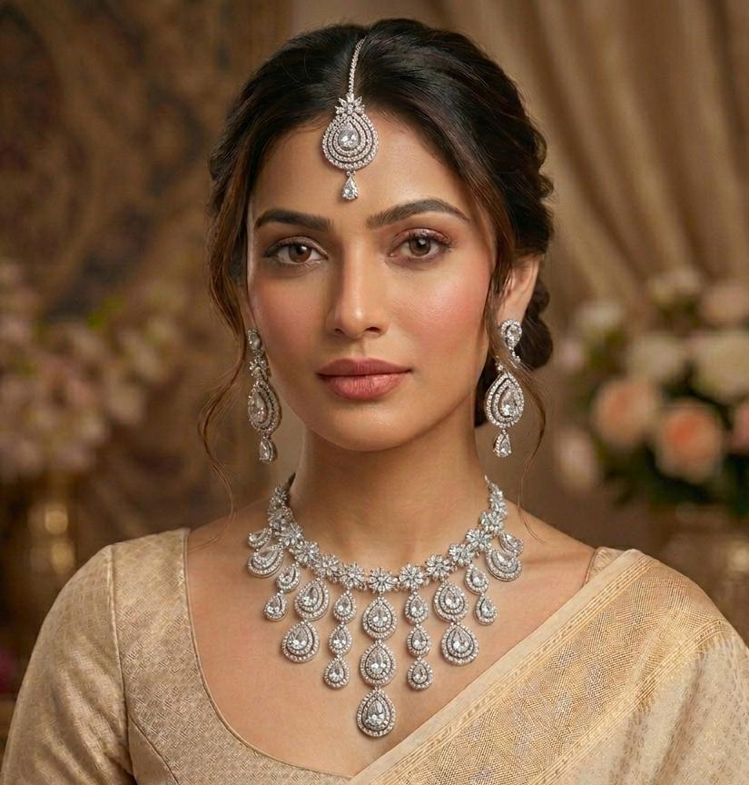 Premium American Diamond Silver Bridal Necklace Set with Earrings & Maang Tikka